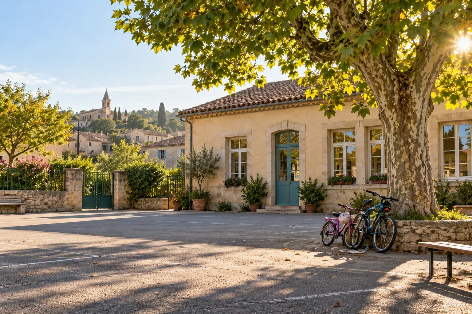 Petite école de village avec une porte colorée, une cour, un arbre et des vélos au petit matin