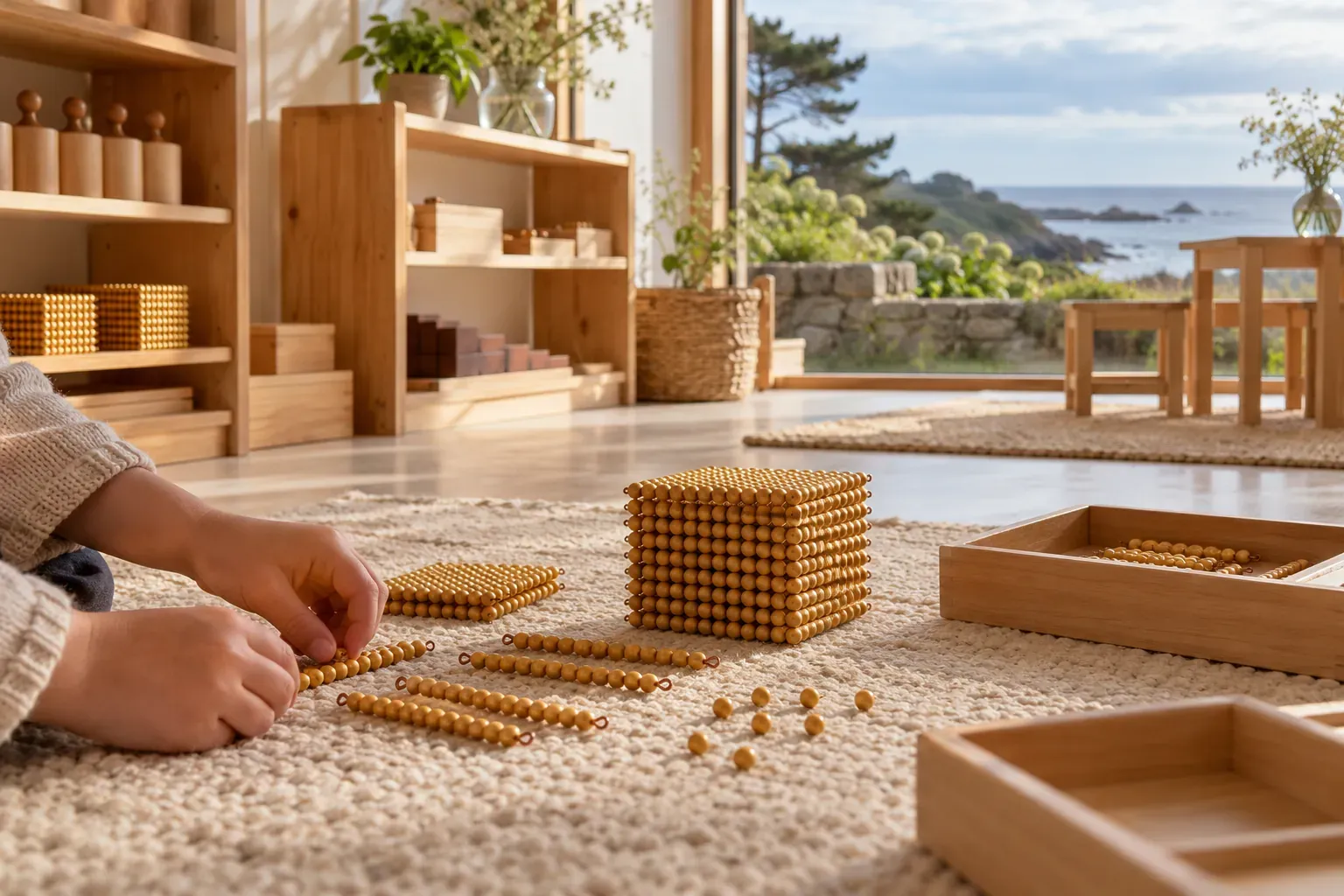 Mains d'enfant manipulant du matériel Montessori en bois dans une classe lumineuse et calme